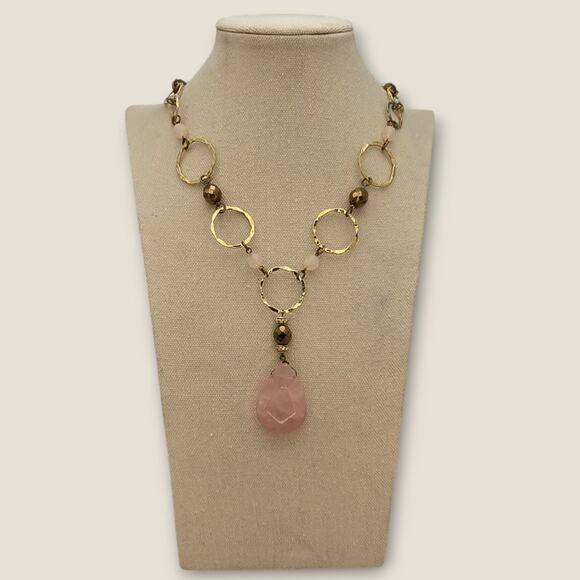 Rose Pink Quartz Teardrop Gold Hammered Link Boho Statement Necklace - Picture 2 of 8